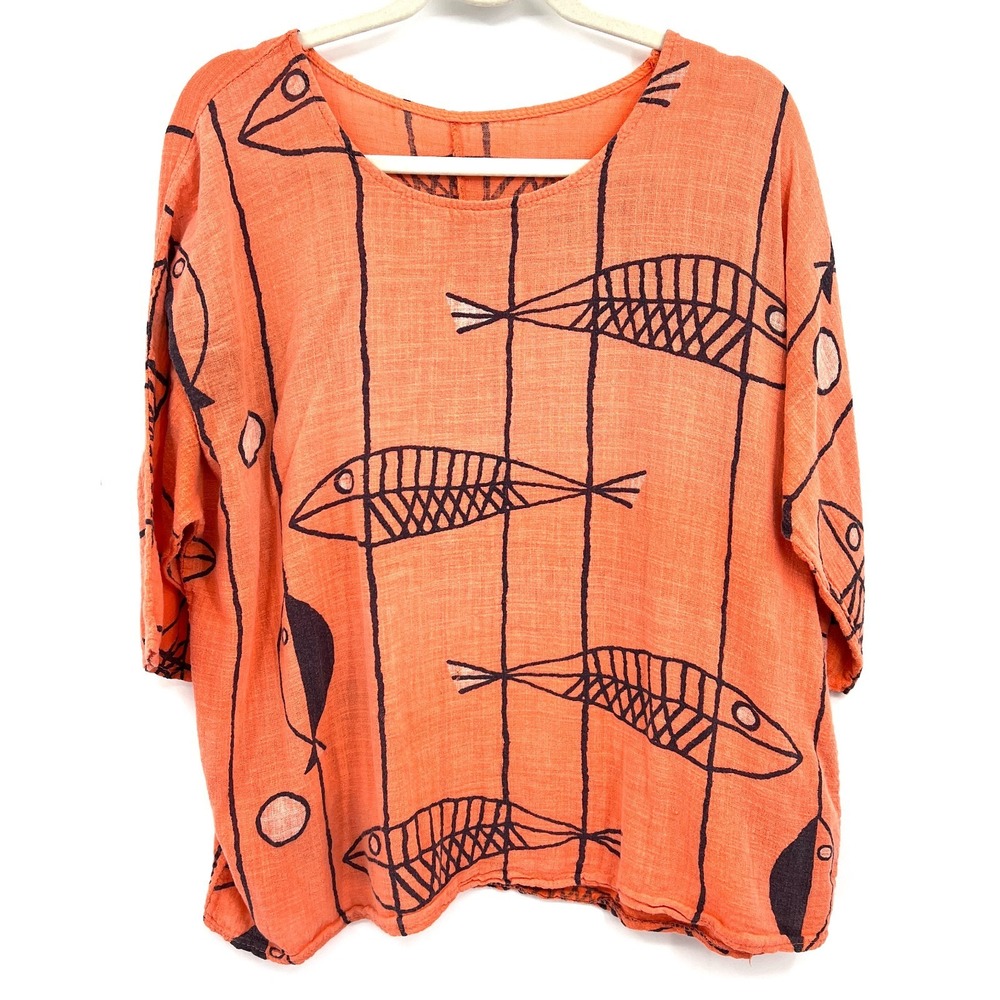 100% cotton lagenlook boho orange fish top lightweight Made in Italy coastal L